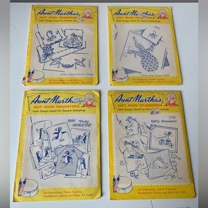 Aunt Martha’s Vintage 1940s Hot Iron Transfers-Set 4 Dinosaurs Peacocks Penguins
